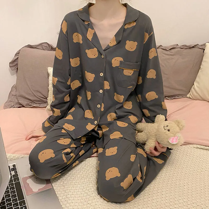 insPajamas Women Korean Sweet Look Adorable Popular Long Sleeved Cardigan Teens Casual Pants Loungewear Sets Sleepwear