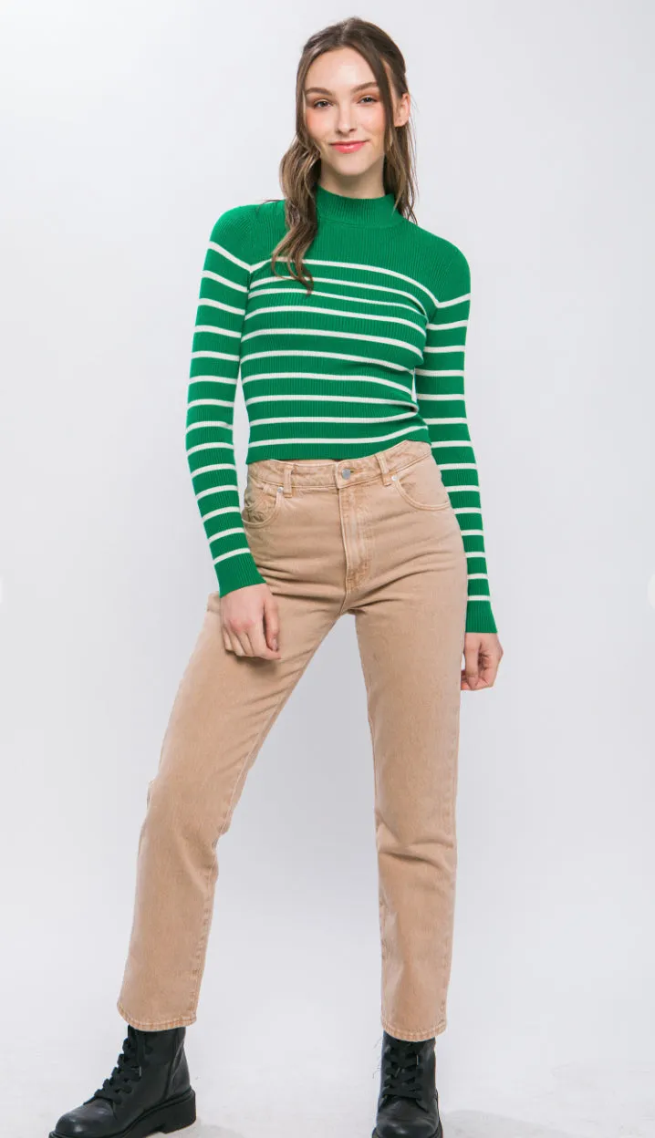 Jacie Striped Ribbed Top- Green