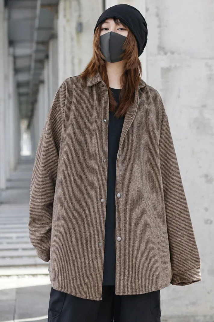 Japanese Coffee Pinstripe Flannel Shirt Jacket Vintage Style Loose Long-Sleeved Shirt
