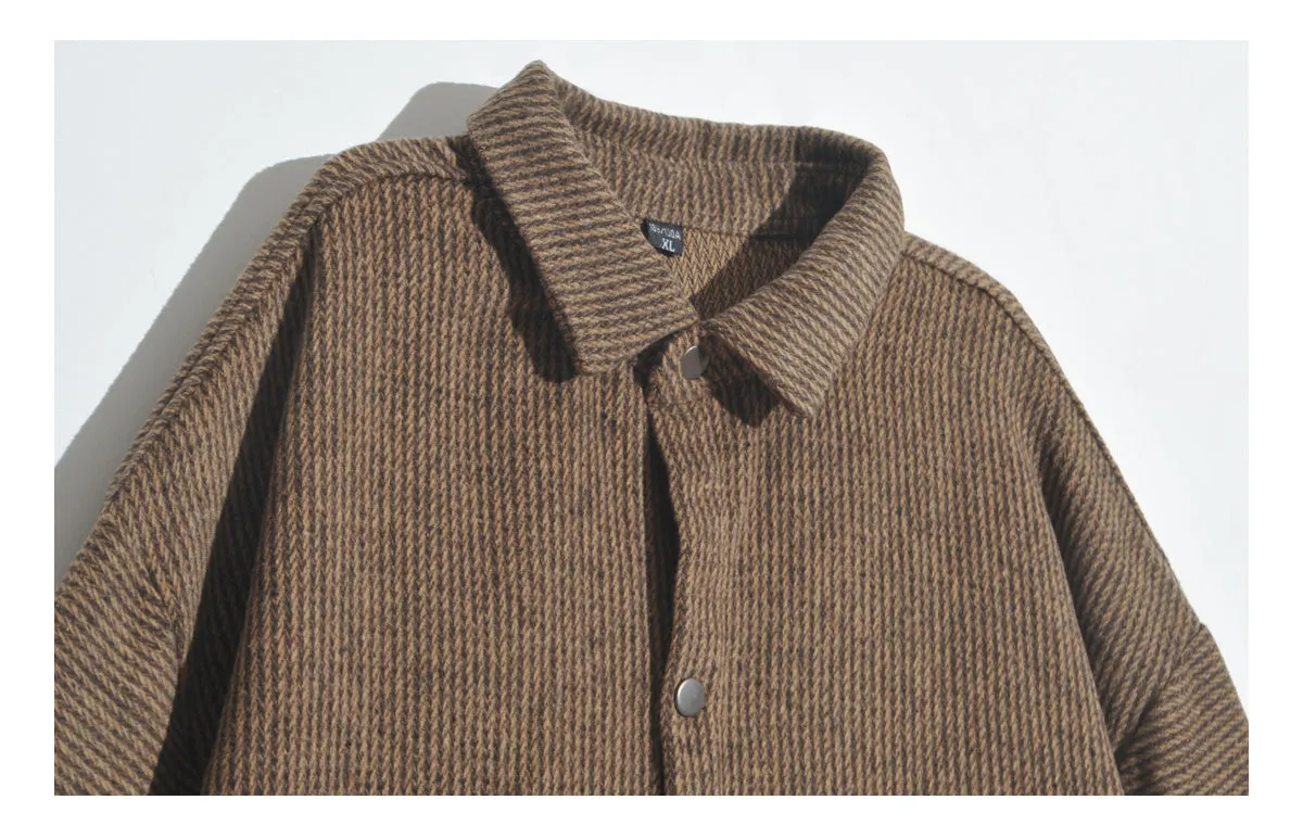 Japanese Coffee Pinstripe Flannel Shirt Jacket Vintage Style Loose Long-Sleeved Shirt