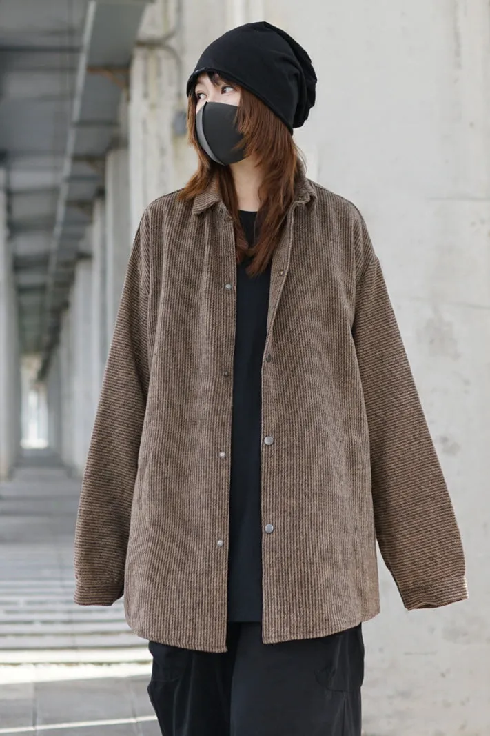 Japanese Coffee Pinstripe Flannel Shirt Jacket Vintage Style Loose Long-Sleeved Shirt