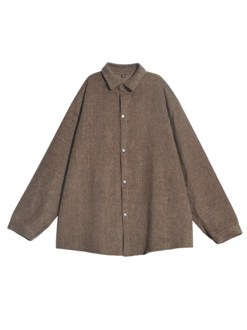 Japanese Coffee Pinstripe Flannel Shirt Jacket Vintage Style Loose Long-Sleeved Shirt