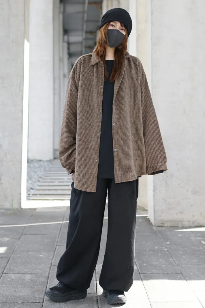 Japanese Coffee Pinstripe Flannel Shirt Jacket Vintage Style Loose Long-Sleeved Shirt
