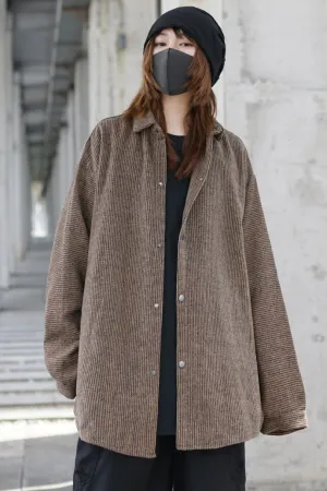 Japanese Coffee Pinstripe Flannel Shirt Jacket Vintage Style Loose Long-Sleeved Shirt