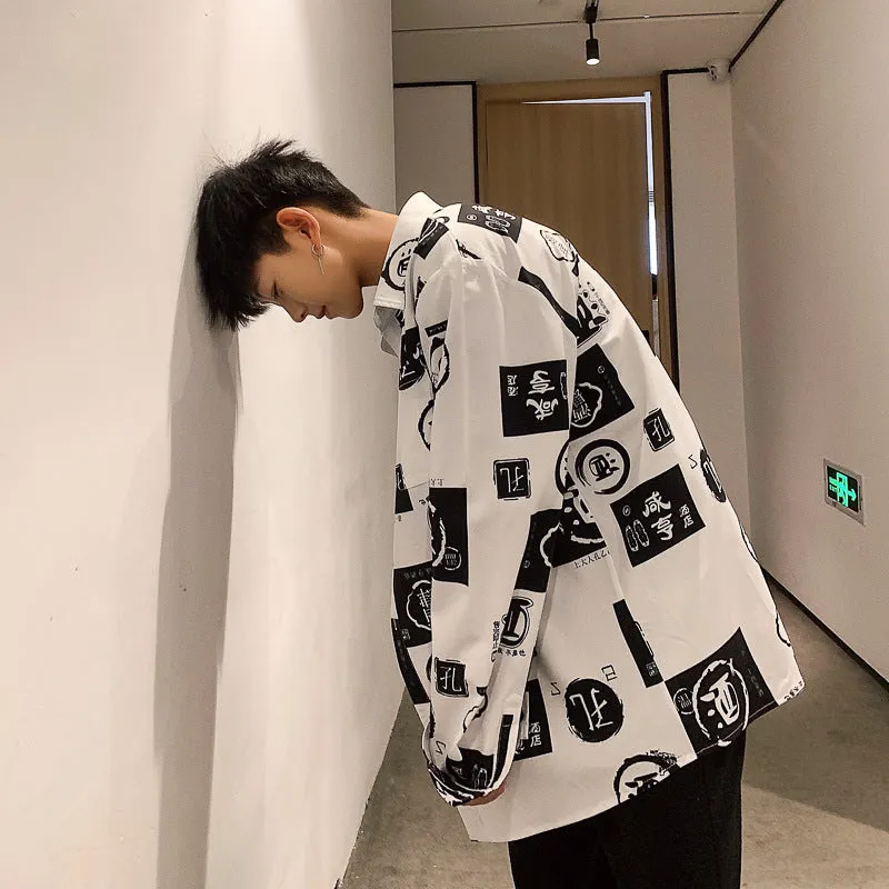 Japanese Hong Kong Men Long Sleeved Shirt Slim Look Casual Printed Men Shirt