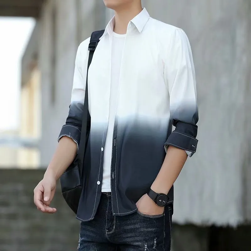Japanese Hong Kong Men Long Sleeved Shirt Slim Look Casual Printed Men Shirt