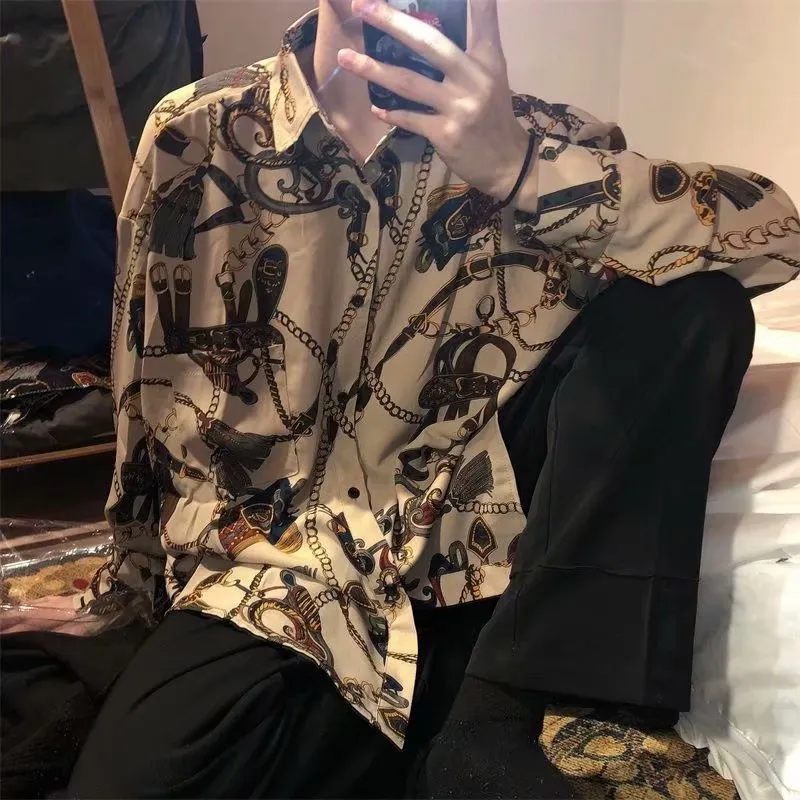 Japanese Hong Kong Men Long Sleeved Shirt Slim Look Casual Printed Men Shirt