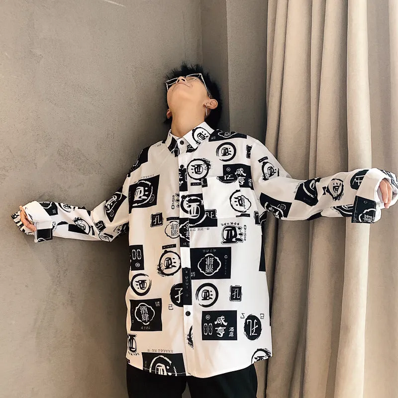 Japanese Hong Kong Men Long Sleeved Shirt Slim Look Casual Printed Men Shirt