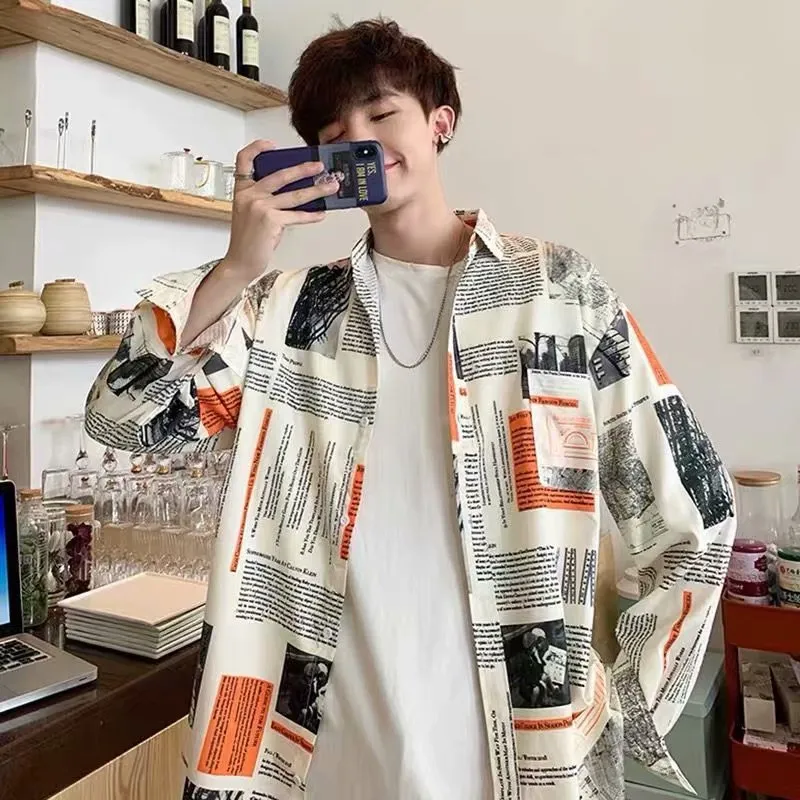 Japanese Hong Kong Men Long Sleeved Shirt Slim Look Casual Printed Men Shirt