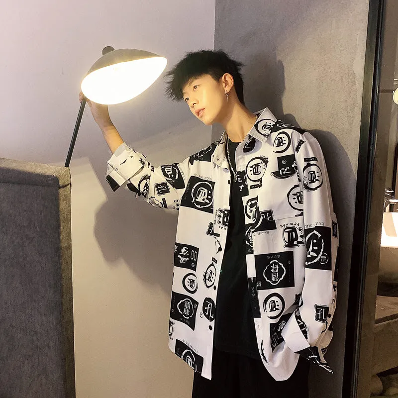 Japanese Hong Kong Men Long Sleeved Shirt Slim Look Casual Printed Men Shirt