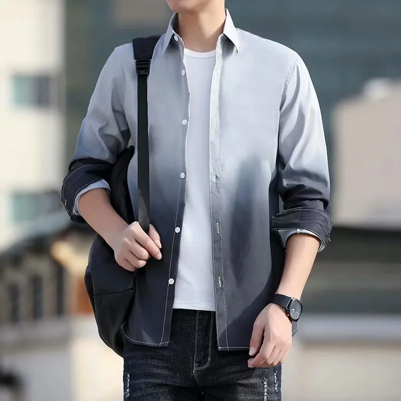 Japanese Hong Kong Men Long Sleeved Shirt Slim Look Casual Printed Men Shirt