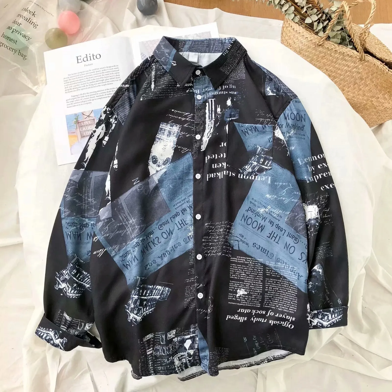 Japanese Hong Kong Men Long Sleeved Shirt Slim Look Casual Printed Men Shirt