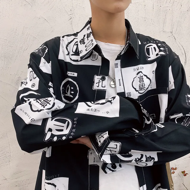 Japanese Hong Kong Men Long Sleeved Shirt Slim Look Casual Printed Men Shirt