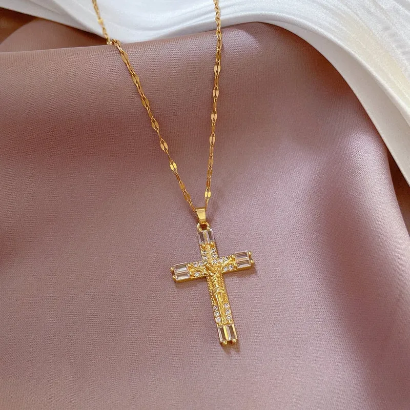 Korean Vintage Big Cross Pendant Necklace