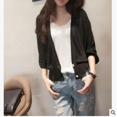 Lantern Sleeve Women Shawl Silk Matching Loose Korean Sunscreen Cardigan Knitted Thin Outerwear