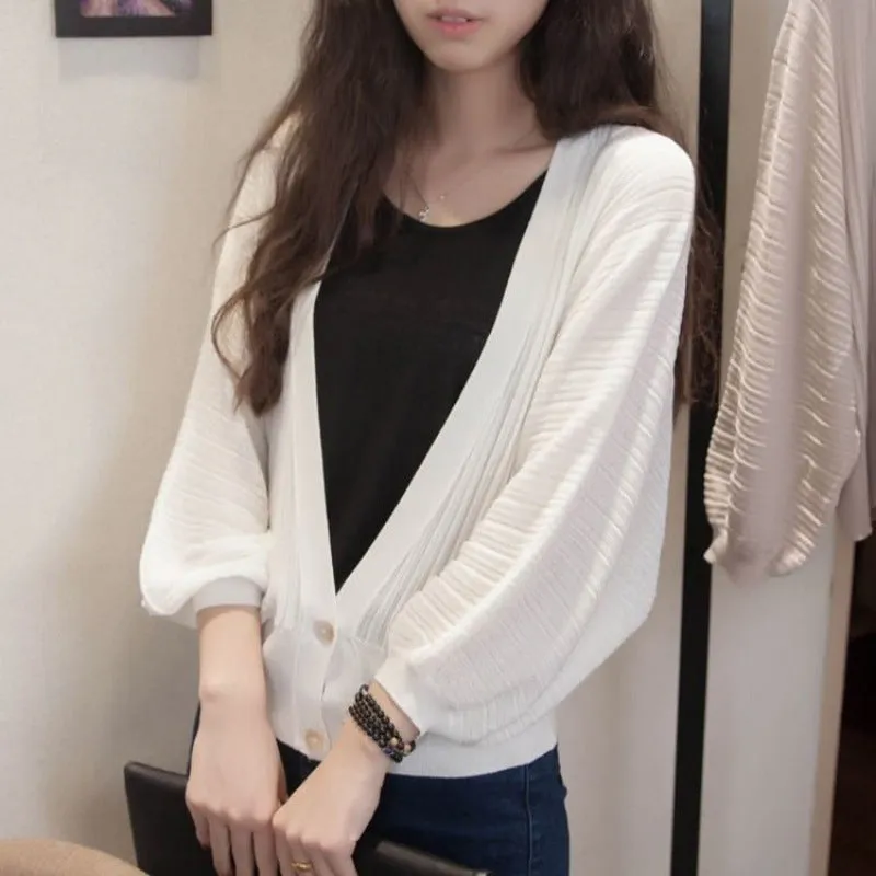 Lantern Sleeve Women Shawl Silk Matching Loose Korean Sunscreen Cardigan Knitted Thin Outerwear
