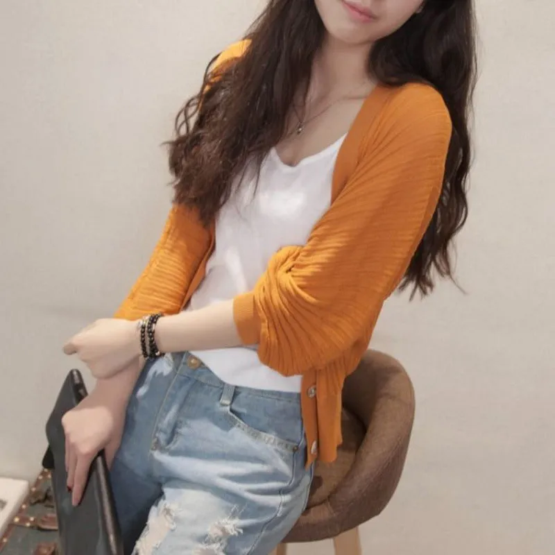 Lantern Sleeve Women Shawl Silk Matching Loose Korean Sunscreen Cardigan Knitted Thin Outerwear