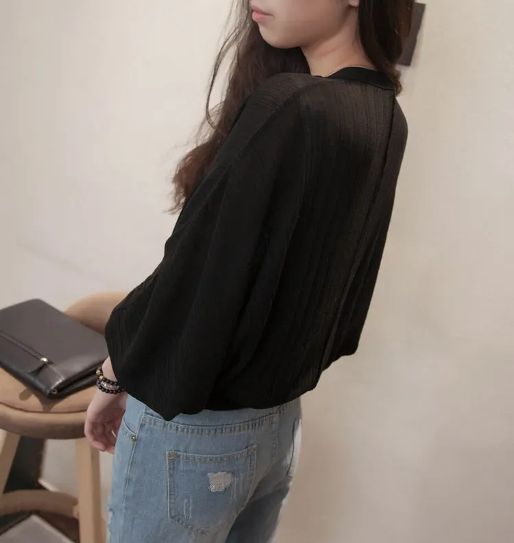 Lantern Sleeve Women Shawl Silk Matching Loose Korean Sunscreen Cardigan Knitted Thin Outerwear