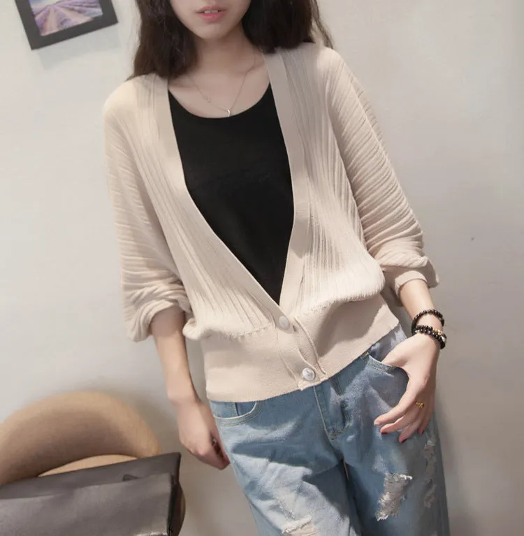 Lantern Sleeve Women Shawl Silk Matching Loose Korean Sunscreen Cardigan Knitted Thin Outerwear
