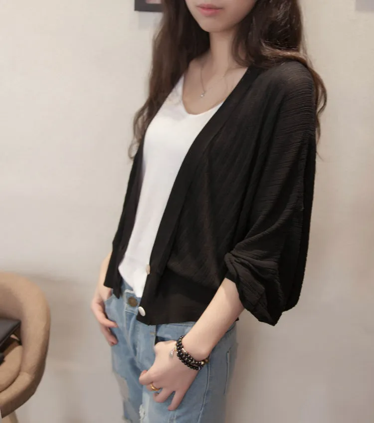Lantern Sleeve Women Shawl Silk Matching Loose Korean Sunscreen Cardigan Knitted Thin Outerwear