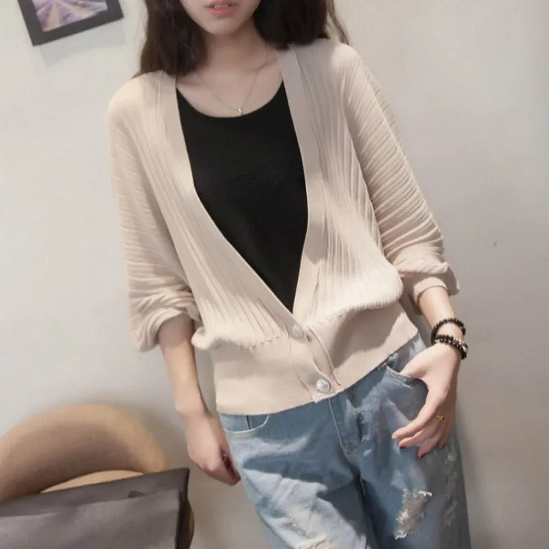 Lantern Sleeve Women Shawl Silk Matching Loose Korean Sunscreen Cardigan Knitted Thin Outerwear