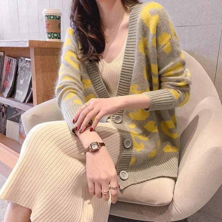 Lazy Leopard Stripes Sweater Cardigan Women Korean Slim Look Short Outerwear
