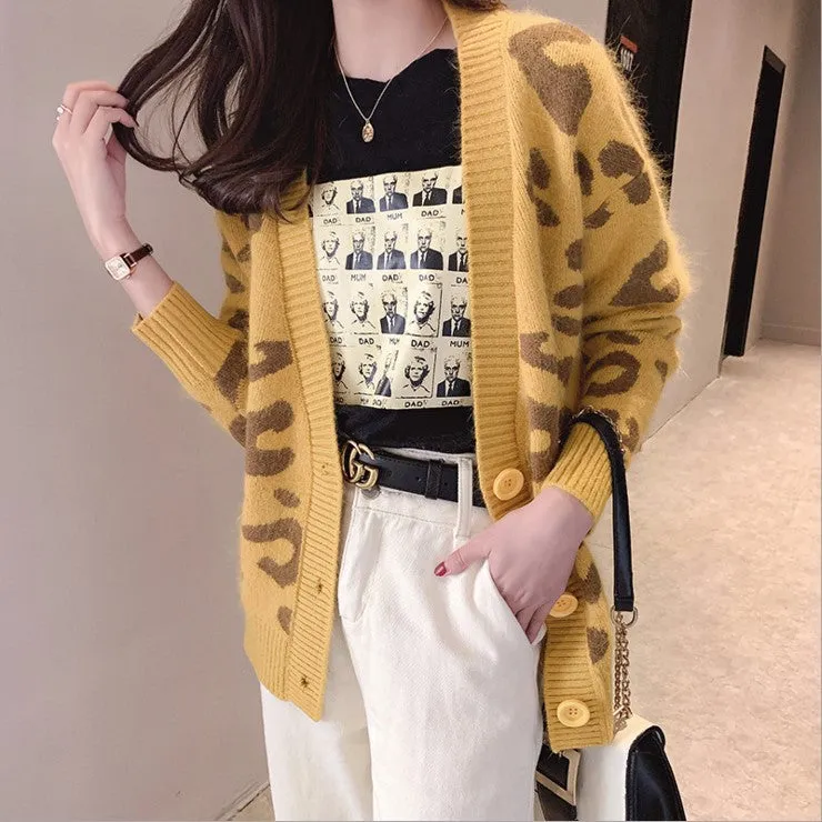 Lazy Leopard Stripes Sweater Cardigan Women Korean Slim Look Short Outerwear