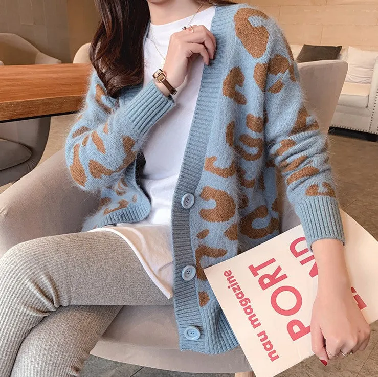 Lazy Leopard Stripes Sweater Cardigan Women Korean Slim Look Short Outerwear
