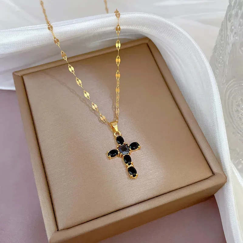 Luxury Shiny Pink Black Clear Zircon Cross Pendant Necklace