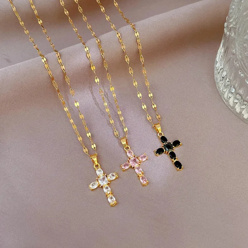 Luxury Shiny Pink Black Clear Zircon Cross Pendant Necklace