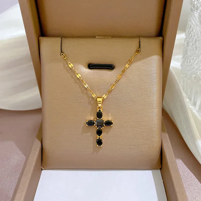 Luxury Shiny Pink Black Clear Zircon Cross Pendant Necklace