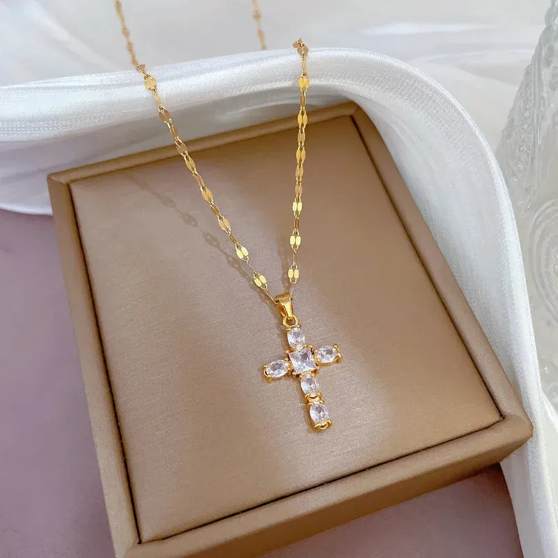 Luxury Shiny Pink Black Clear Zircon Cross Pendant Necklace