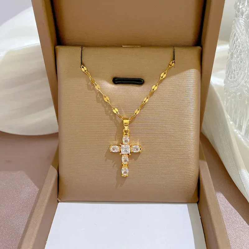 Luxury Shiny Pink Black Clear Zircon Cross Pendant Necklace