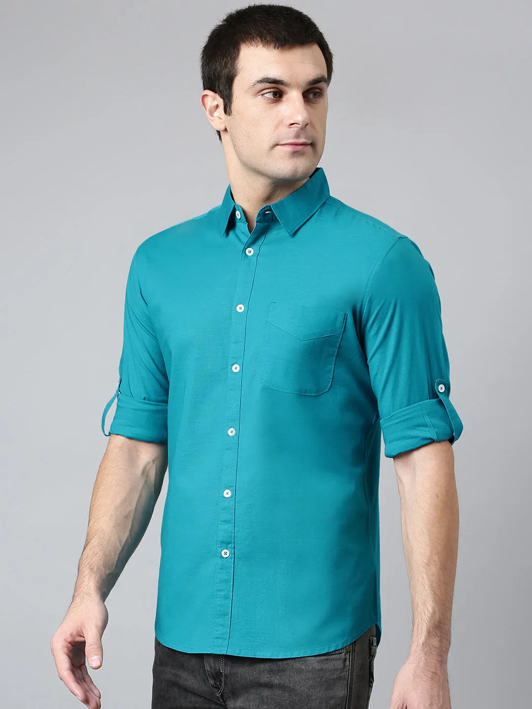Men's Cotton Solid Peacock Slim Fit Casual Shirt