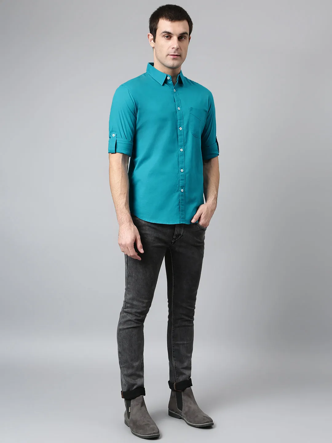 Men's Cotton Solid Peacock Slim Fit Casual Shirt