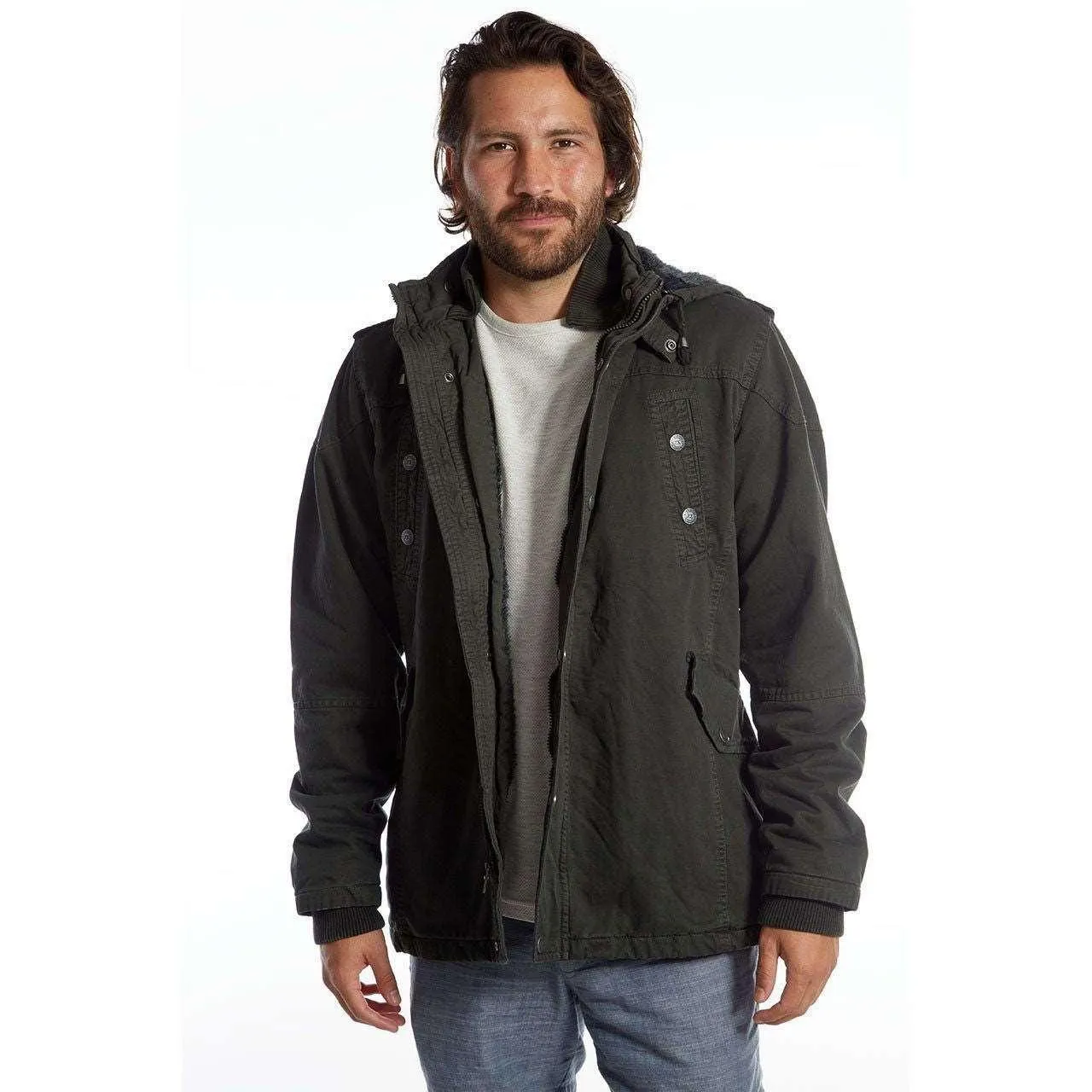 Men's Dark Charcoal Long Cotton Outdoor Rain Jacket