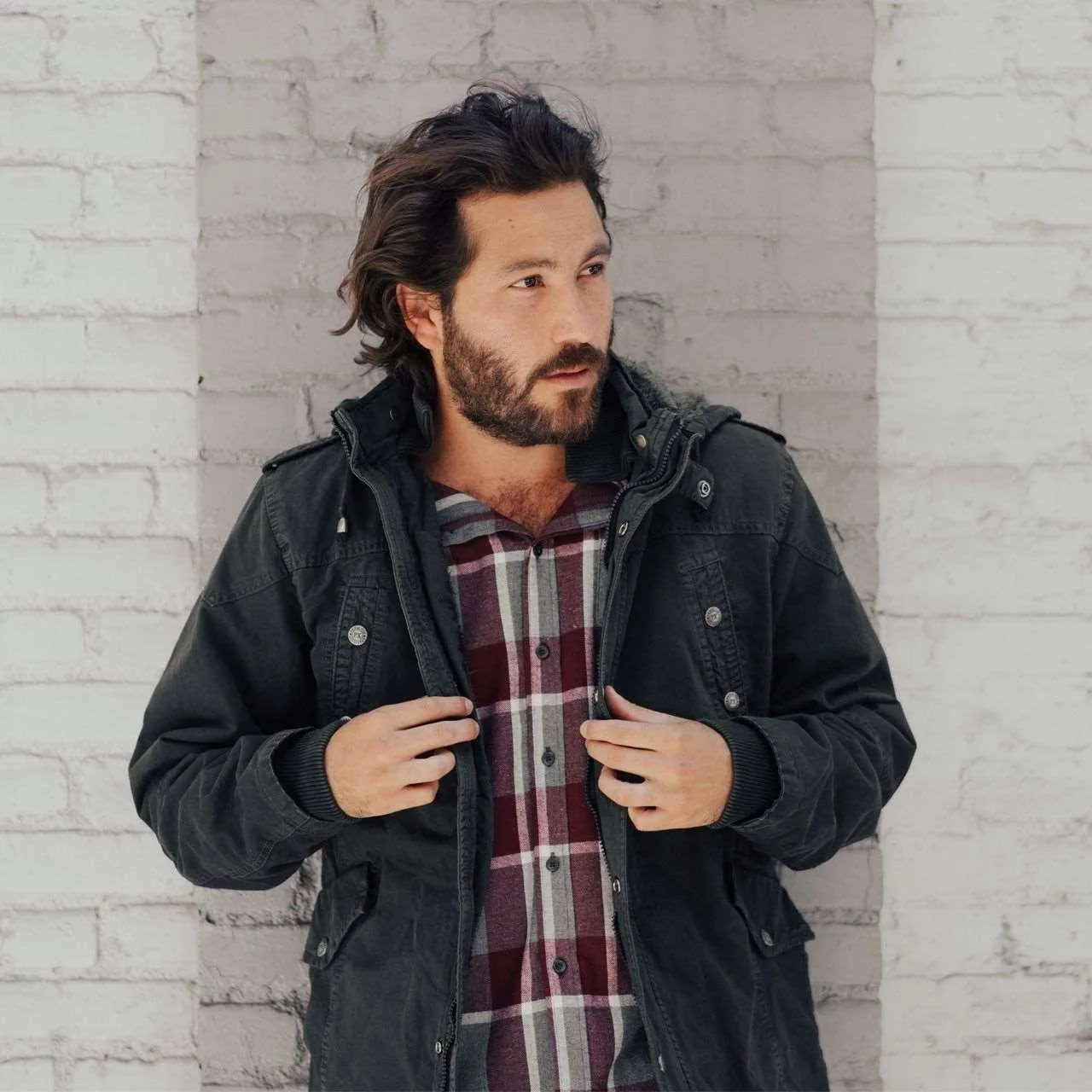Men's Dark Charcoal Long Cotton Outdoor Rain Jacket