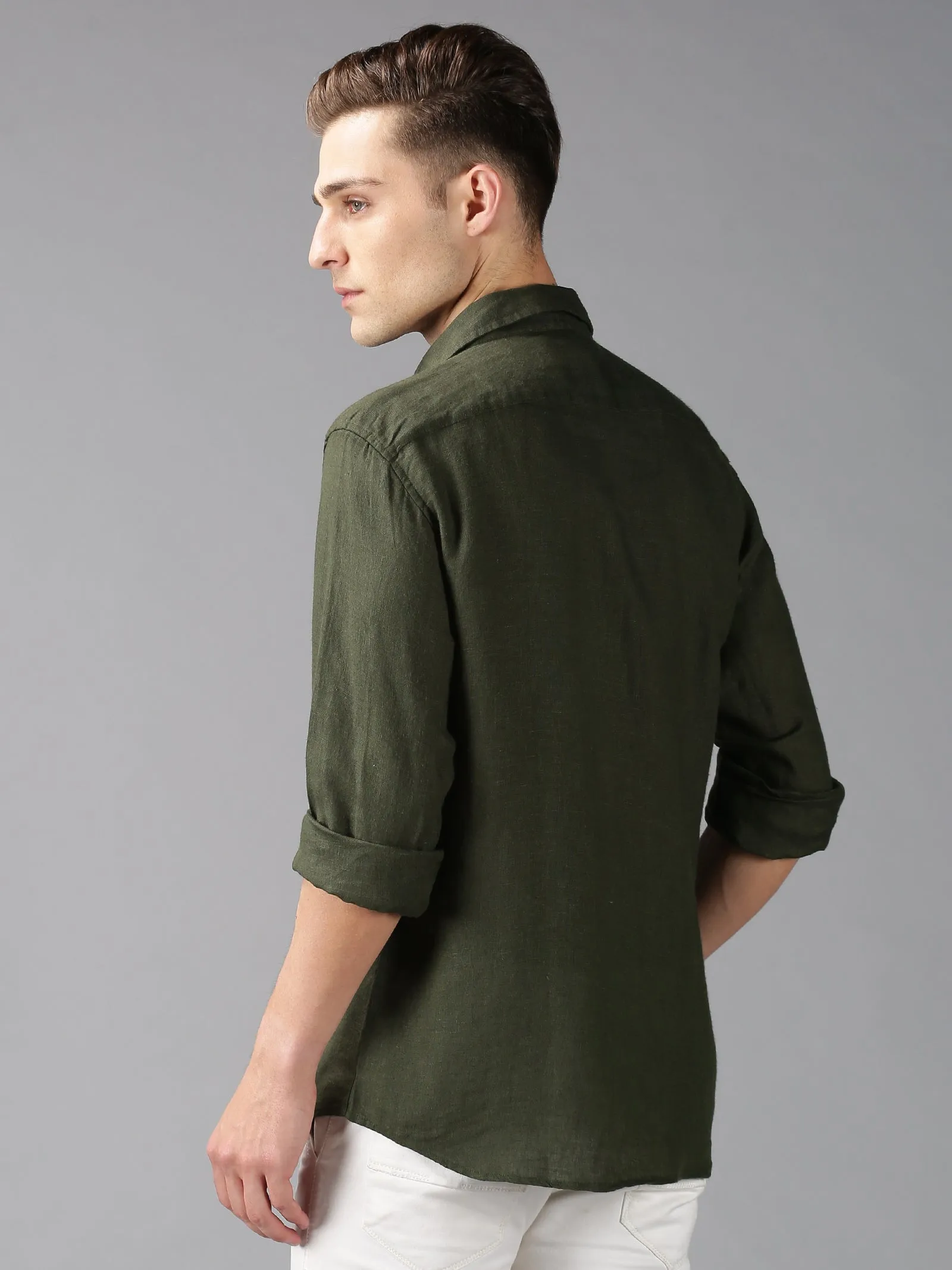 MEN'S OLIVE LINEN SOLID SLIM FIT SHIRT