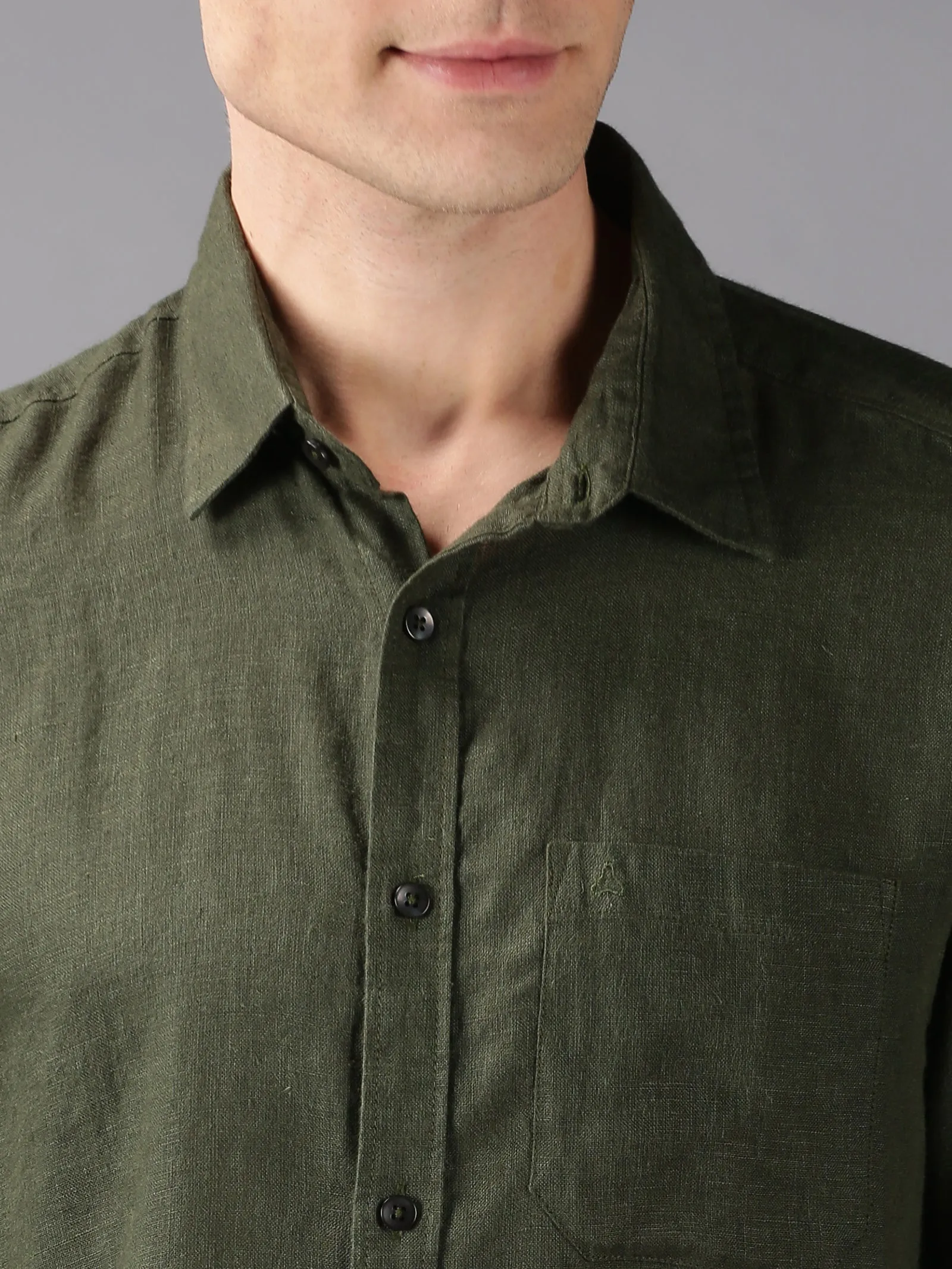 MEN'S OLIVE LINEN SOLID SLIM FIT SHIRT