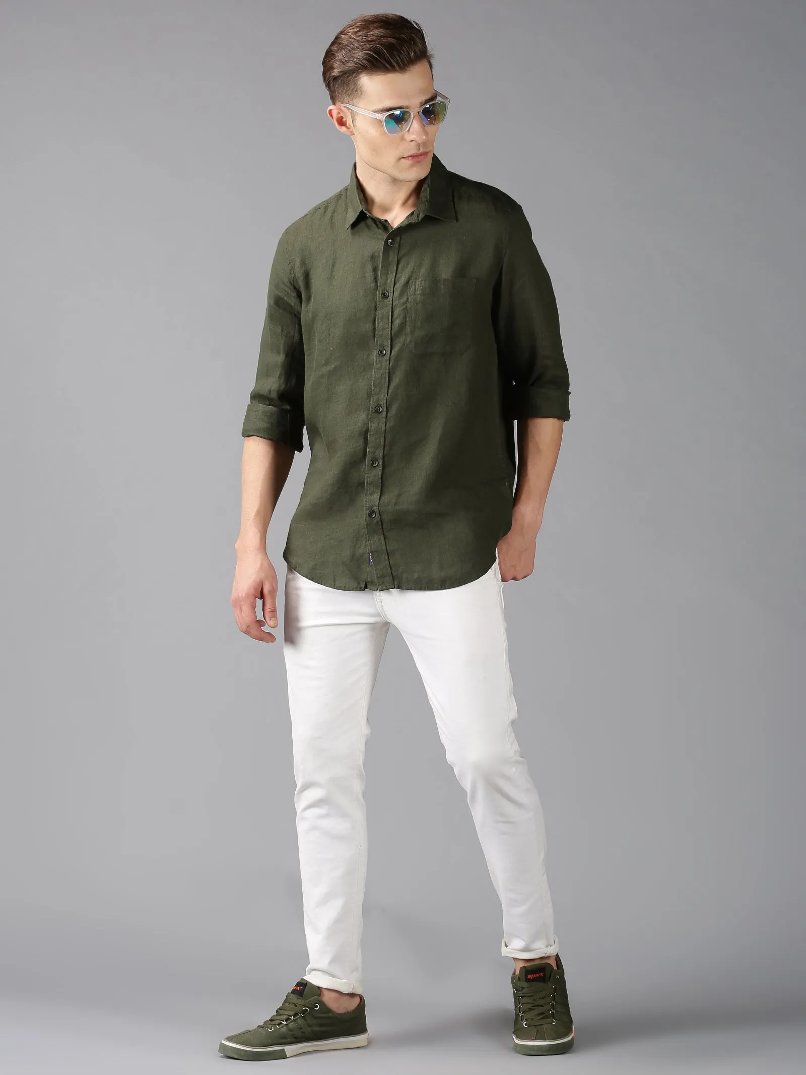 MEN'S OLIVE LINEN SOLID SLIM FIT SHIRT