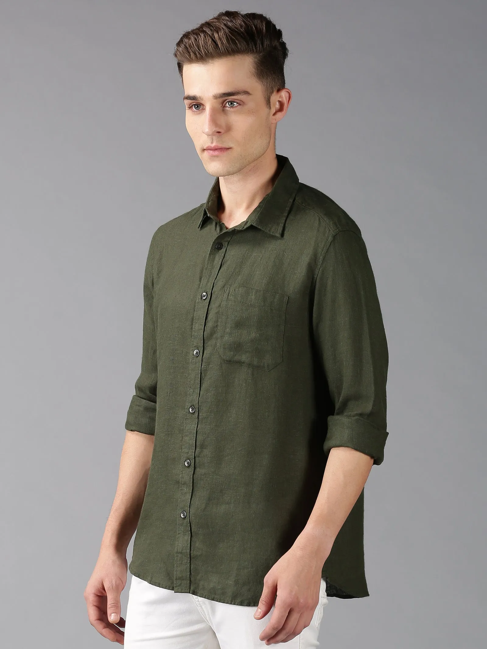 MEN'S OLIVE LINEN SOLID SLIM FIT SHIRT