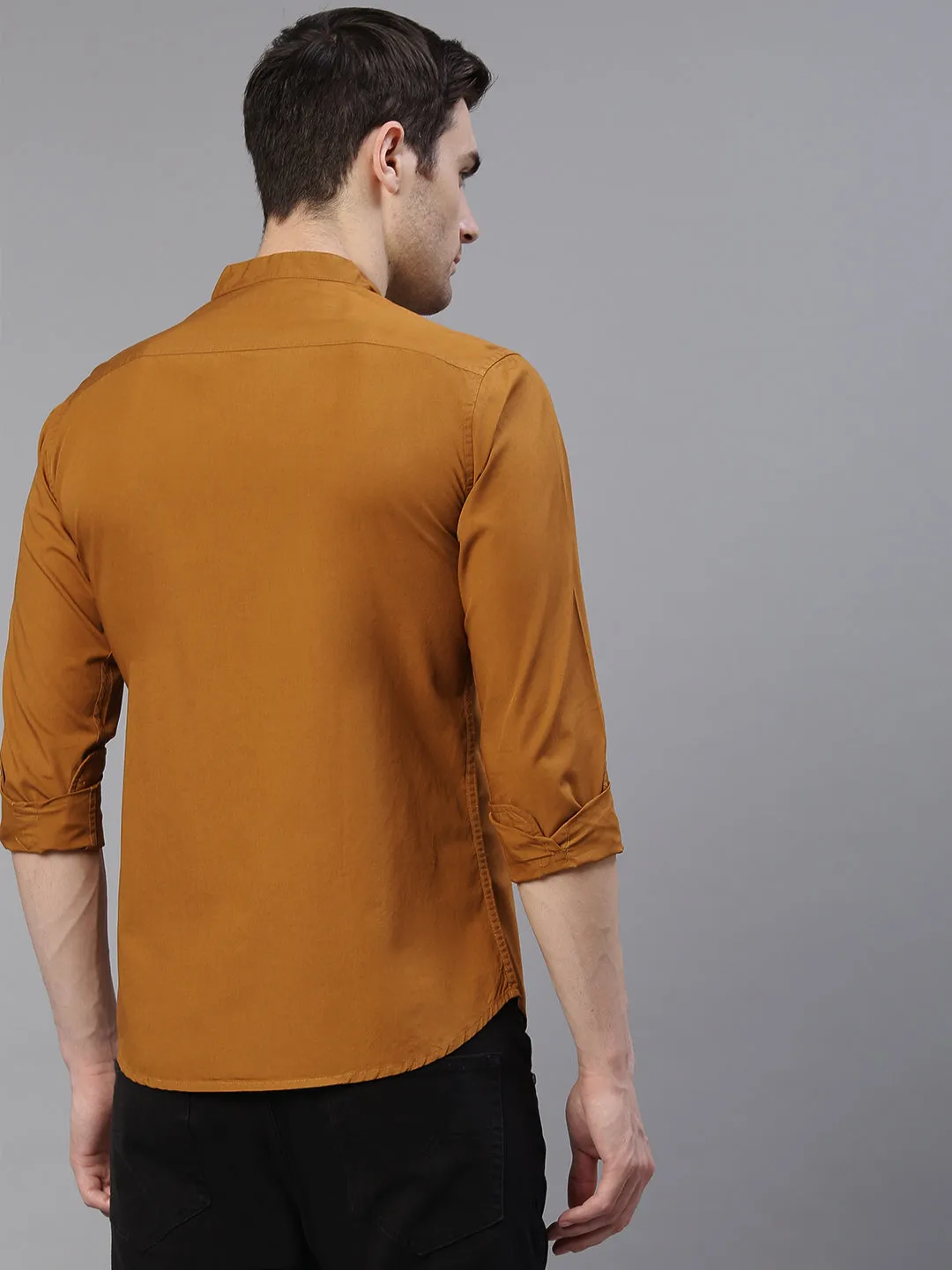 Men's Solid Mandarin Collar Brown Casual Shirt