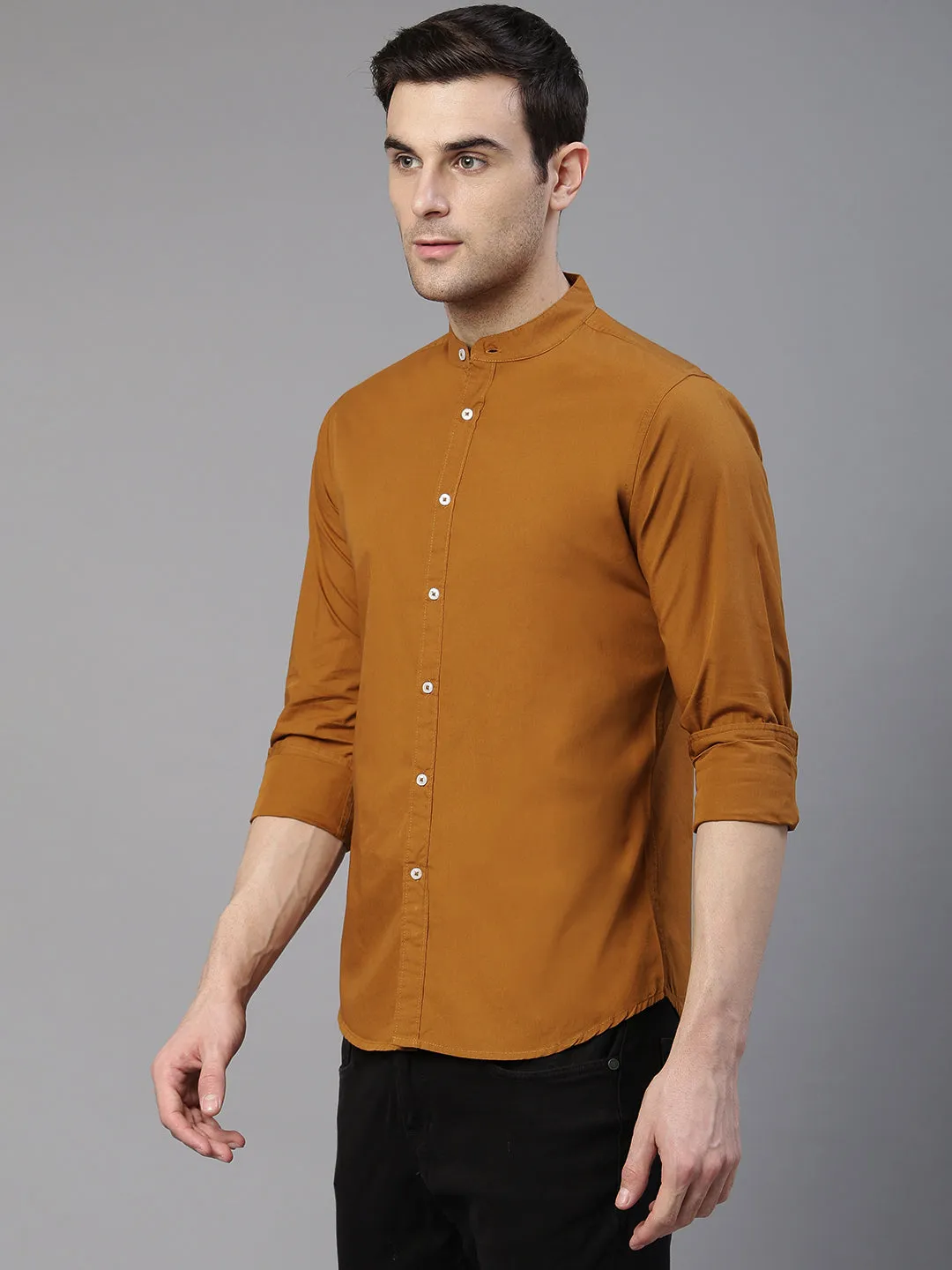 Men's Solid Mandarin Collar Brown Casual Shirt
