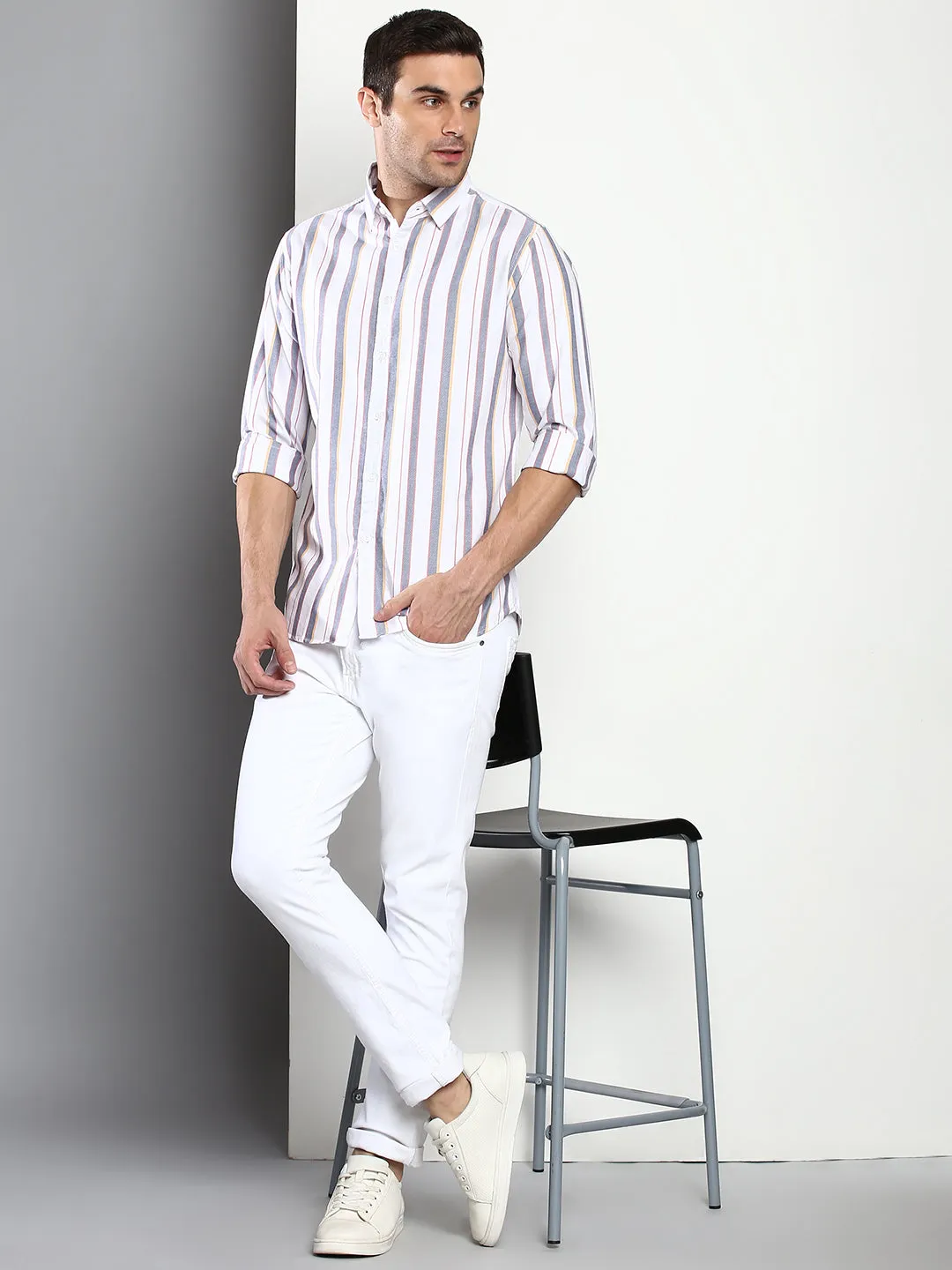 Men's Striped White Slim Fit Oxford Cotton Casual Shirt With Spread Collar & Full Sleeves (C9037_White_S)