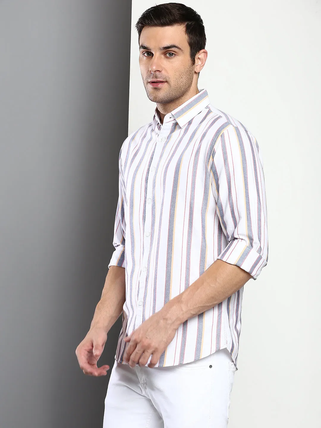 Men's Striped White Slim Fit Oxford Cotton Casual Shirt With Spread Collar & Full Sleeves (C9037_White_S)