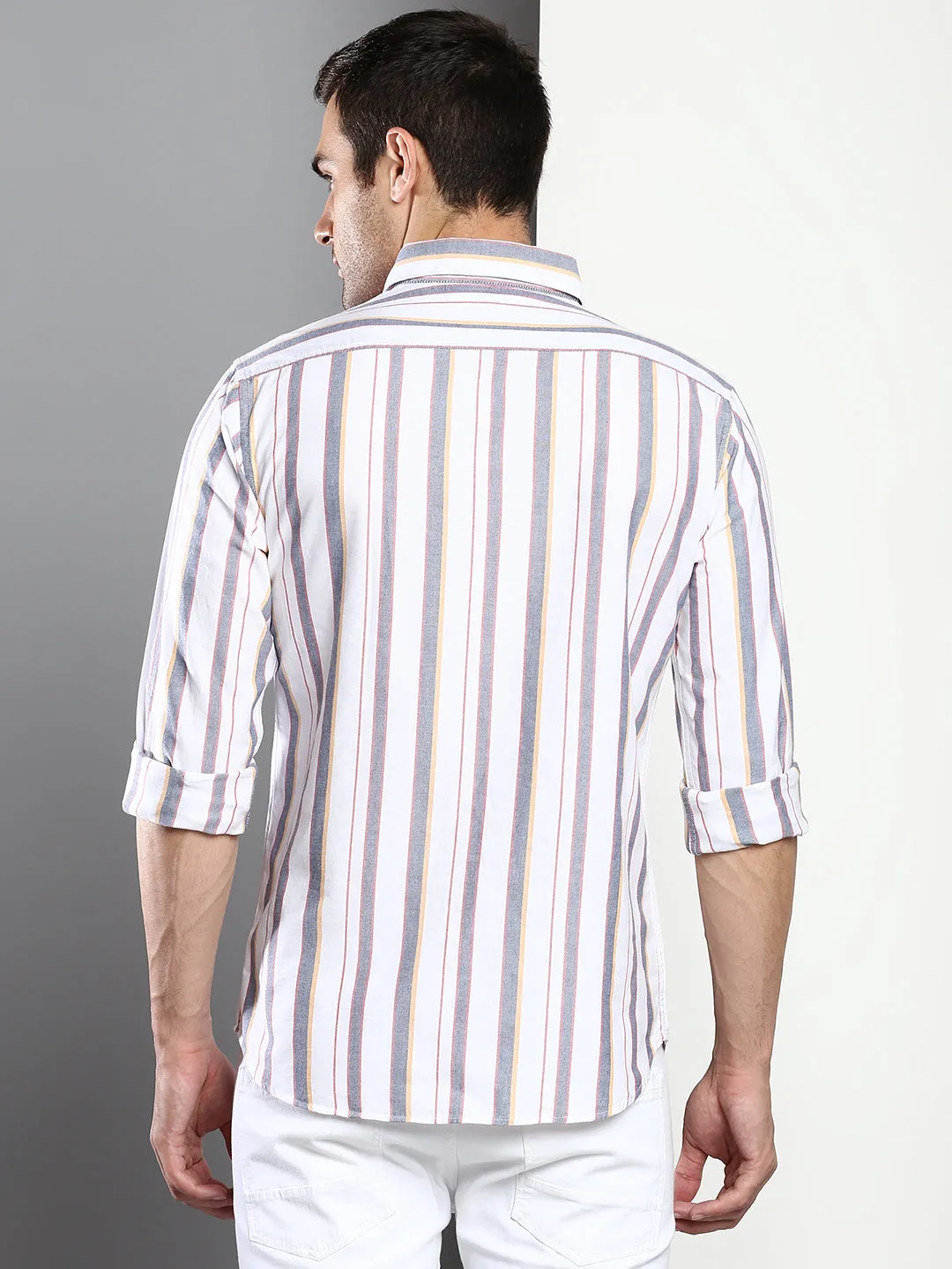 Men's Striped White Slim Fit Oxford Cotton Casual Shirt With Spread Collar & Full Sleeves (C9037_White_S)