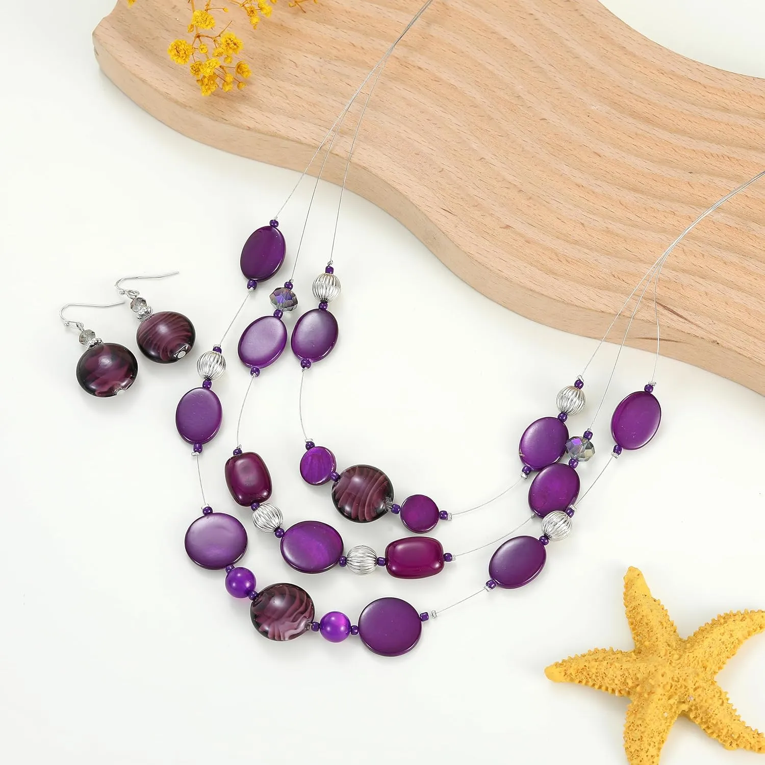 Multi Layered Beaded Necklaces for Women Murano Glass Statement Necklace and Earrings Set Shell Costume Jewelry Handmade Boho Necklaces and Dainty Glass Flower Earrings for Women Jewelry Gift