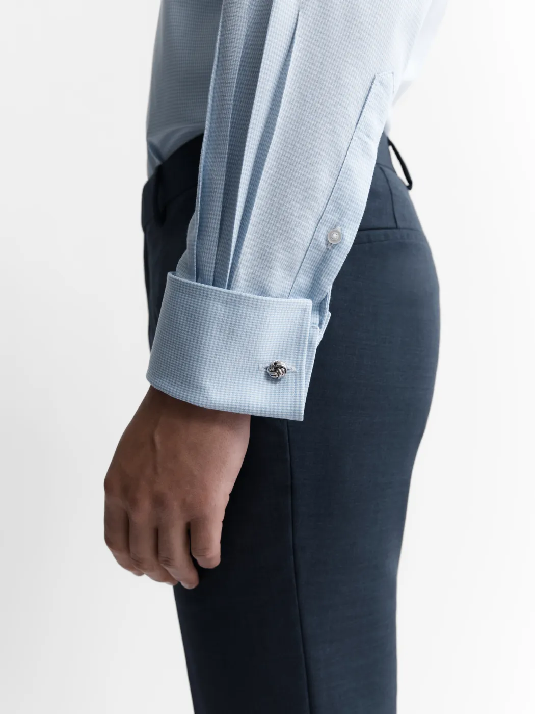 Non-Iron Light Blue Mini Dogtooth Plain Weave Regular Fit Dual Cuff Semi Cutaway Collar Shirt
