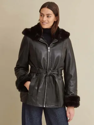 Premium Black Faux Fur Hooded Belted Leather Jacket
