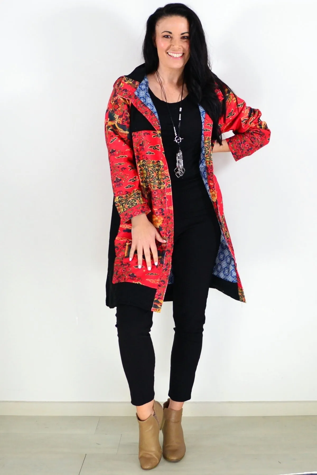 Red Oriental Long Corduroy Jacket
